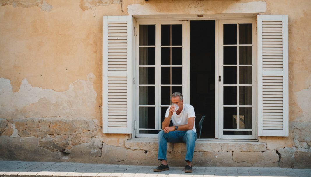 Personne se reposant à l'ombre près d'une fenêtre aux volets fermés pendant une canicule