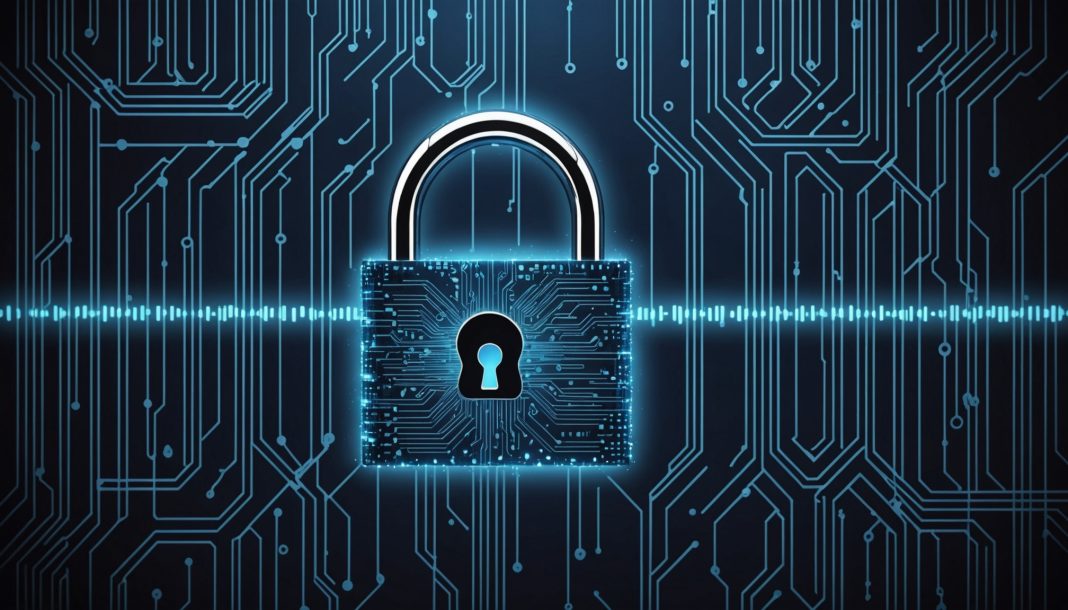 Illustration abstraite de cybersécurité avec cadenas lumineux et code binaire