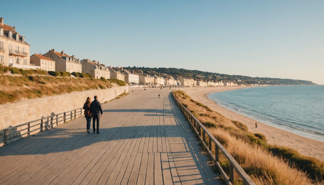 Bord de mer français baigné de lumière dorée en début d'automne, symbole du tourisme de septembre
