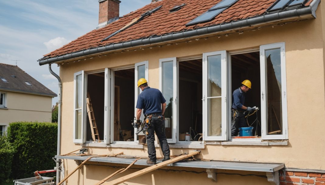 Maison en travaux de rénovation énergétique, isolation de toiture et remplacement de fenêtres