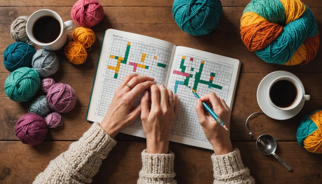 Mains en train de crocheter à côté d'un carnet de mots fléchés, illustration du retour des loisirs manuels