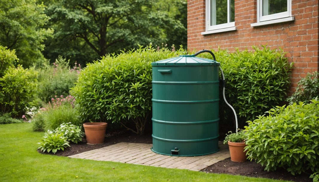 Cuve de récupération d'eau de pluie installée dans un jardin près d'une maison