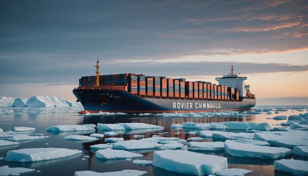 Porte-conteneurs traversant des eaux arctiques glacées sur la nouvelle route Chine-Europe