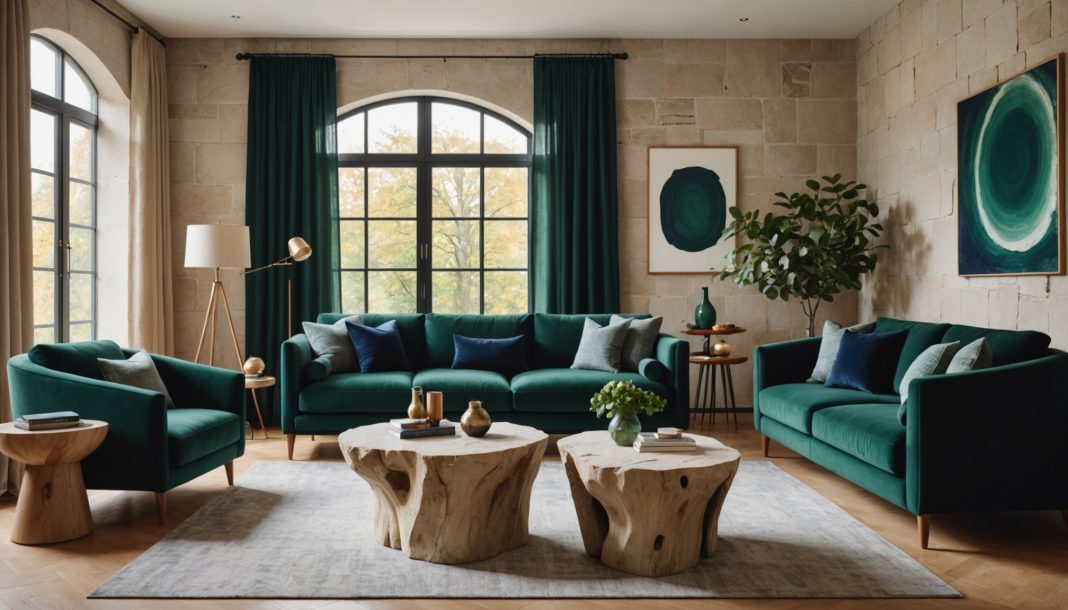 Intérieur chaleureux aux couleurs vert émeraude et bleu nuit, matières naturelles et formes arrondies