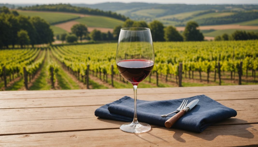 Verre de vin rouge posé sur une table en bois avec vignoble en arrière-plan