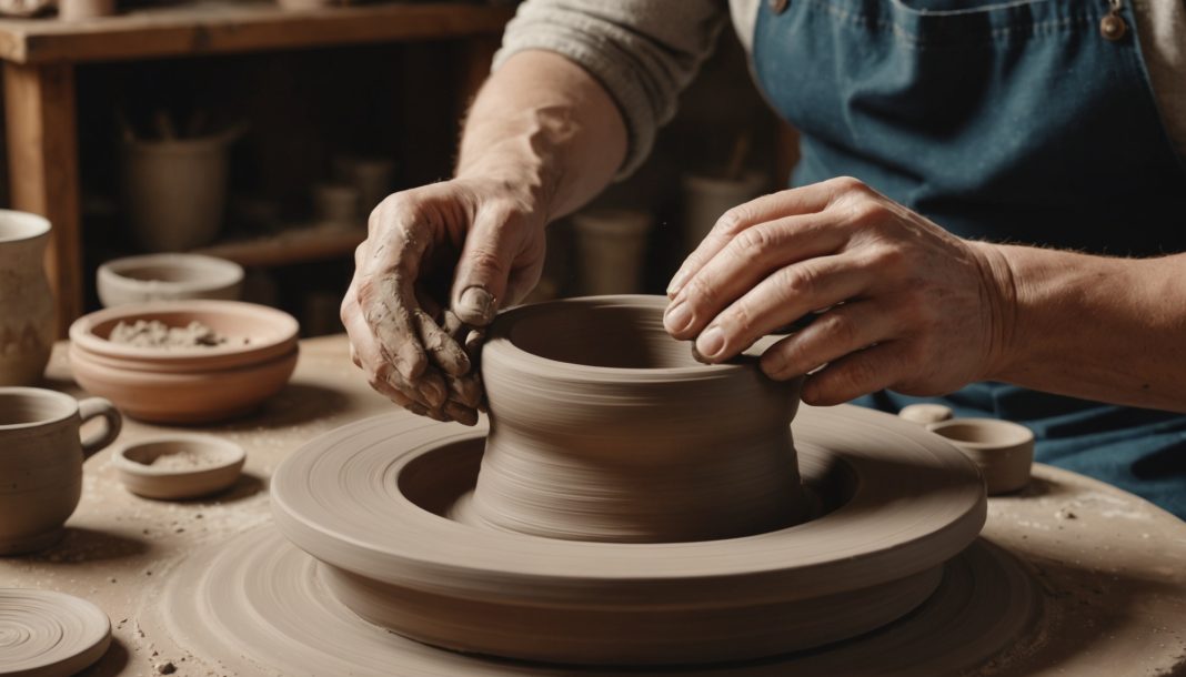 Mains façonnant de l'argile sur un tour de potier dans un atelier créatif