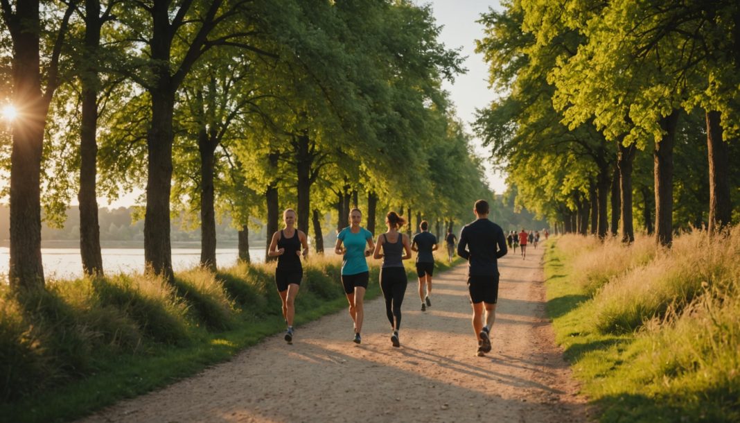 Personnes marchant et courant au bord d'une rivière en France, pratique sportive de loisir