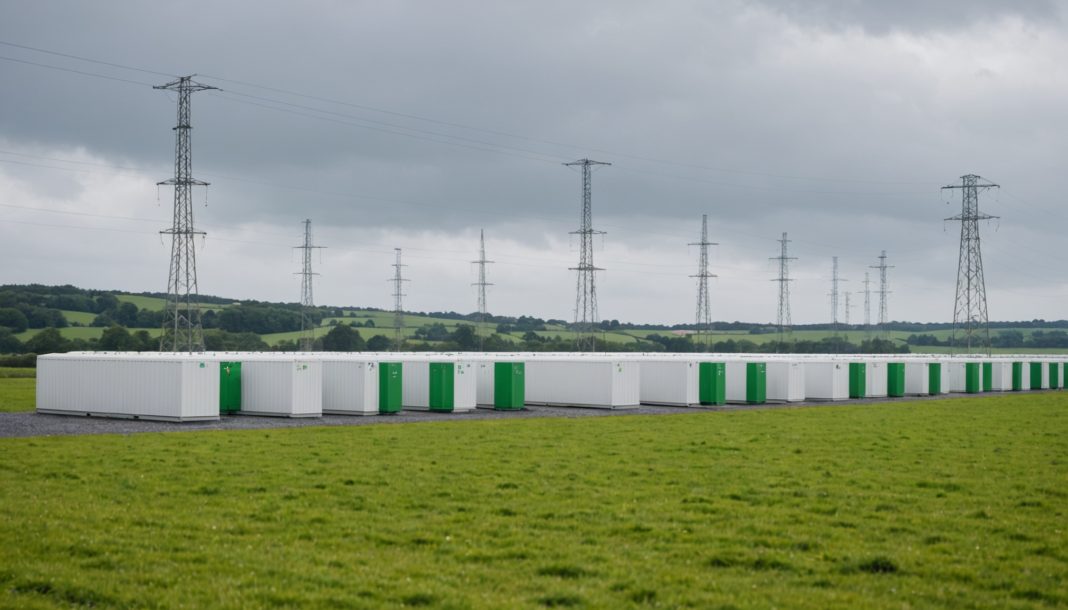 Installation industrielle de stockage par batteries dans un paysage rural breton avec pylônes électriques