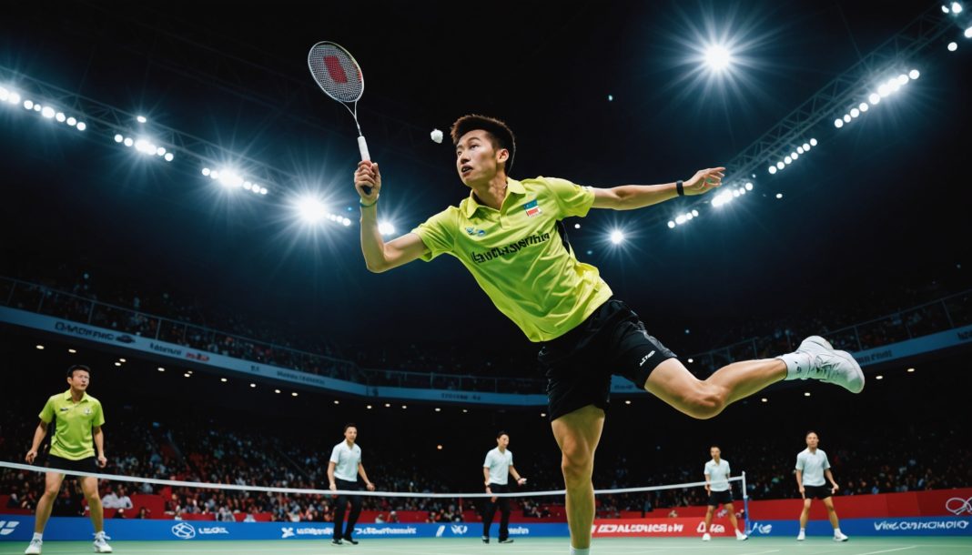 Joueur de badminton en plein smash lors d'une finale de championnat du monde en salle
