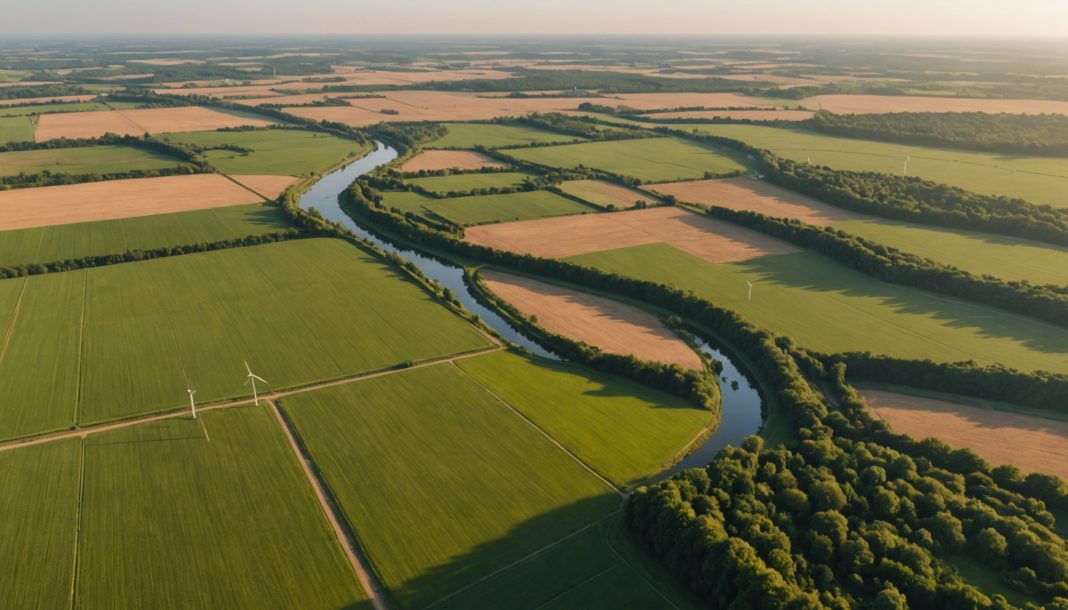 Paysage rural français avec panneaux solaires et éoliennes, illustrant les enjeux climatiques de la France en 2026