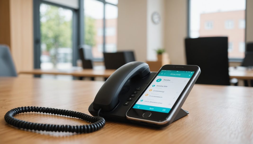 Smartphone affichant un appel entrant inconnu sur un bureau, illustration du démarchage téléphonique