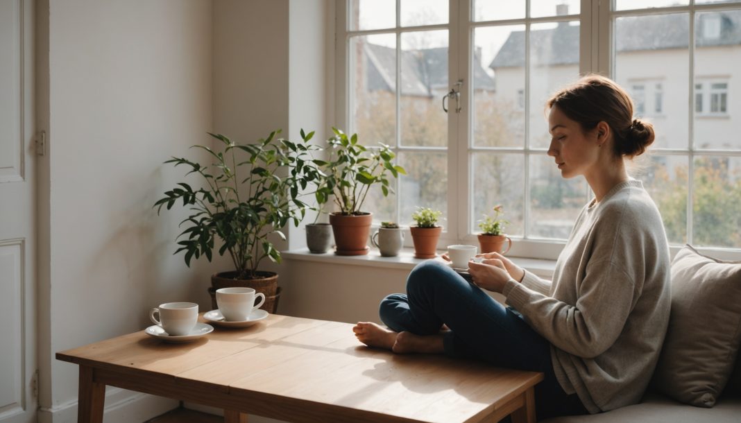Personne assise près d'une fenêtre avec une tasse de thé et des plantes, ambiance calme et minimaliste