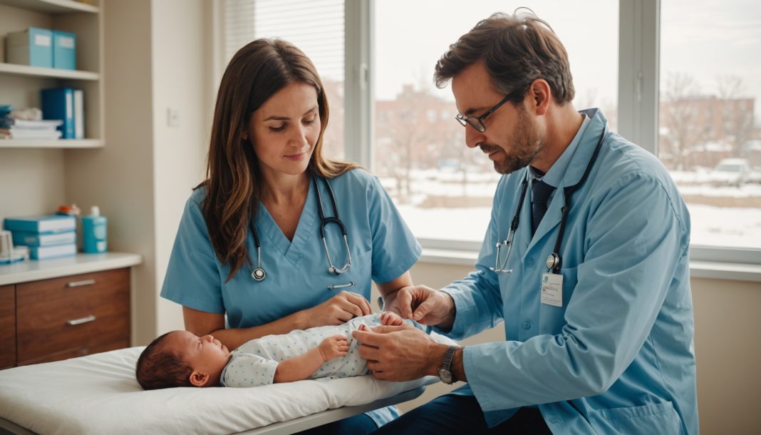 Médecin examinant un nouveau-né dans un cabinet pédiatrique lumineux