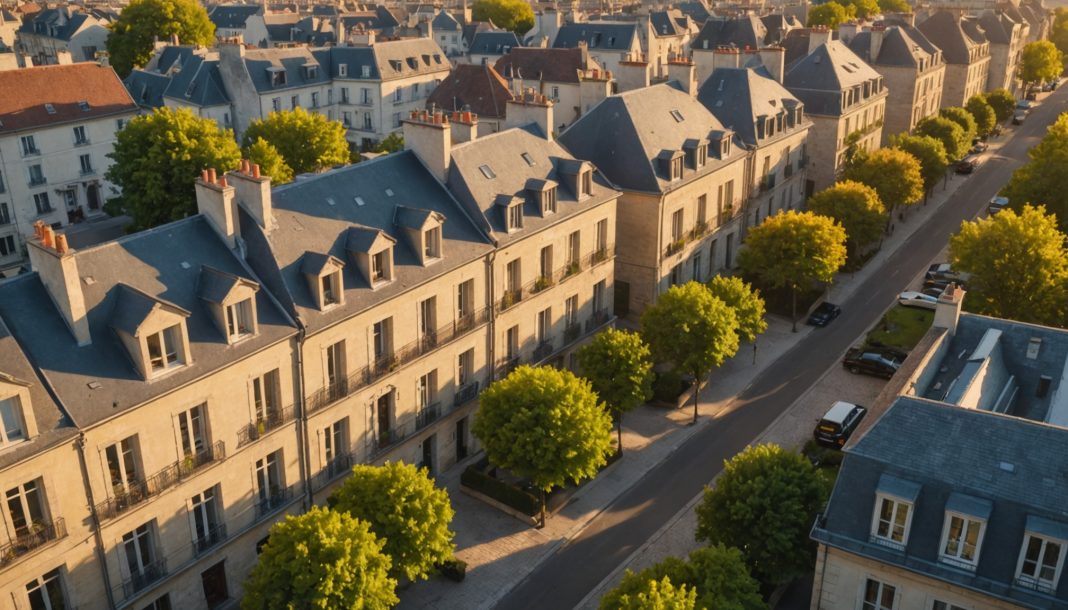 Vue aérienne d'un quartier résidentiel français au coucher du soleil, illustrant le marché de l'immobilier ancien
