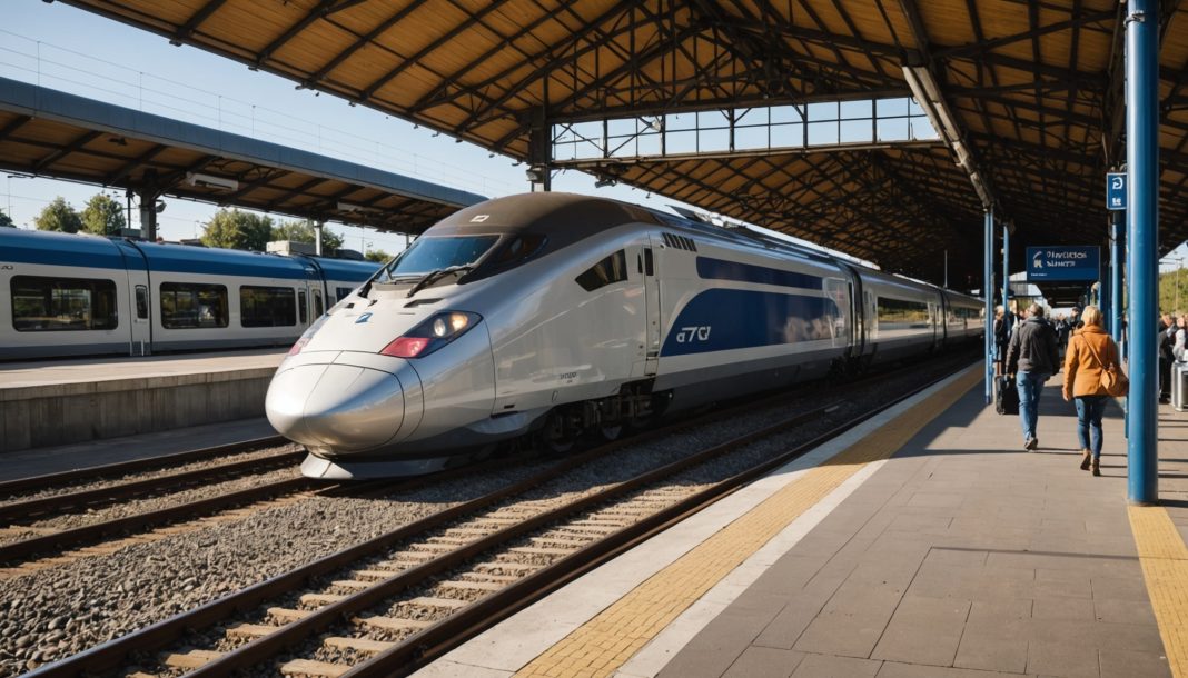 Train à grande vitesse en gare française à l'heure de la rentrée, voyageurs avec valises sur le quai