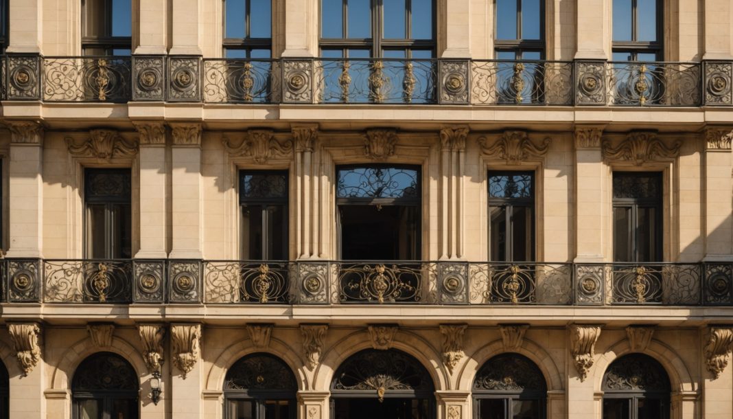 Façade Art Déco parisienne avec ferronneries et ornements géométriques