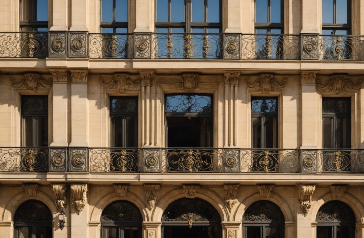 Façade Art Déco parisienne avec ferronneries et ornements géométriques
