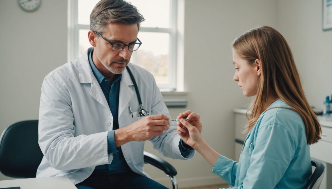 Médecin préparant un vaccin pour un adolescent en cabinet médical