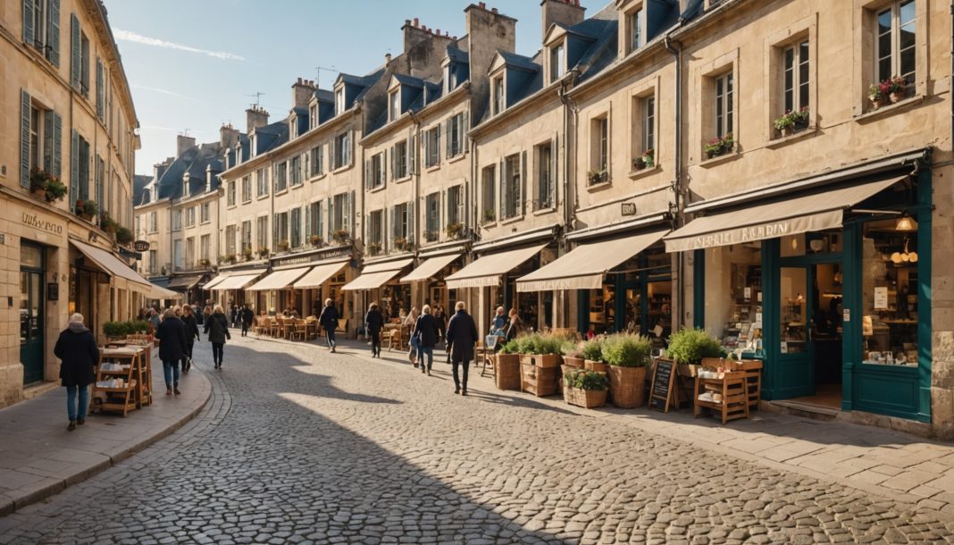 Petits commerces indépendants dans une rue de centre-ville en France