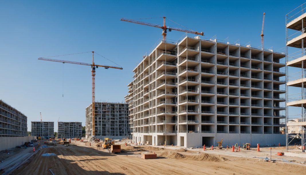 Chantier de construction de logements neufs avec grues sous un ciel bleu