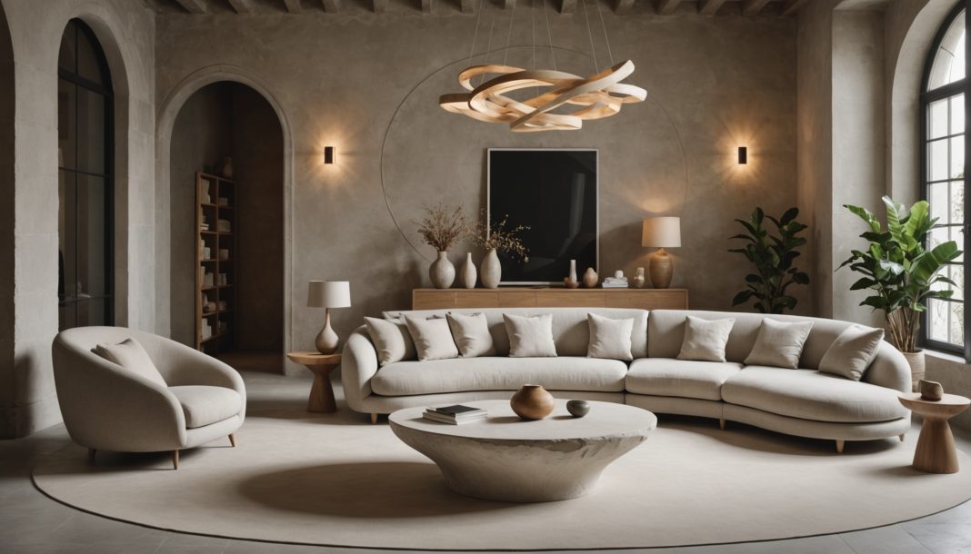 Salon moderne aux formes courbes, bois clair et pierre brute, illustrant les tendances deco Maison&Objet et Paris Design Week