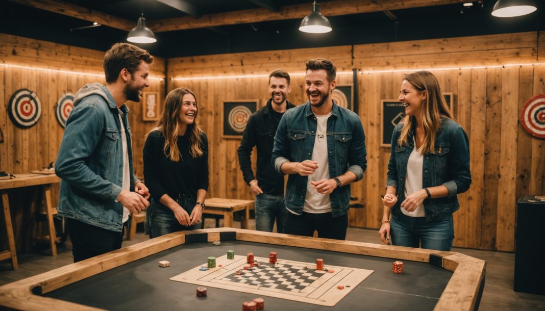 Groupe d'amis souriants dans une salle de loisir indoor type escape game en France