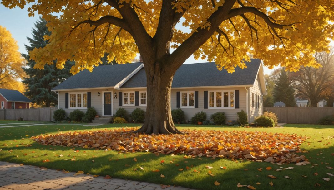 Jardin d'automne avec un grand arbre près des fondations d'une maison