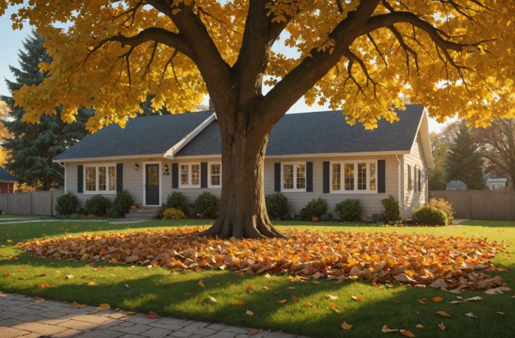 Jardin d'automne avec un grand arbre près des fondations d'une maison