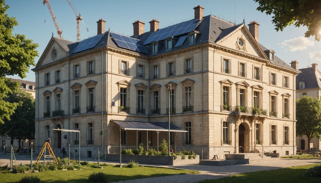 Bâtiment municipal français en rénovation énergétique avec panneaux solaires