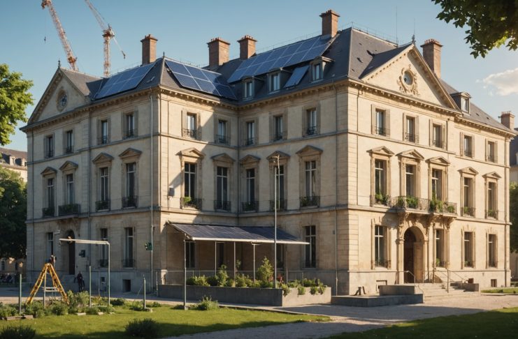 Bâtiment municipal français en rénovation énergétique avec panneaux solaires