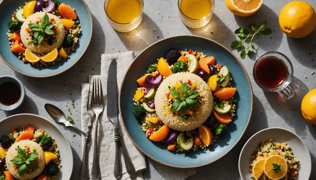 Plat de couscous coloré et revisité, partagé à table dans un esprit convivial