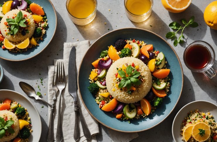 Plat de couscous coloré et revisité, partagé à table dans un esprit convivial