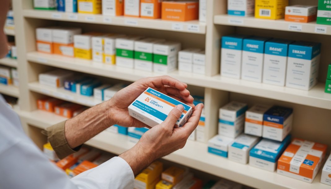 Comptoir de pharmacie avec boîtes de médicaments illustrant la réforme des franchises médicales
