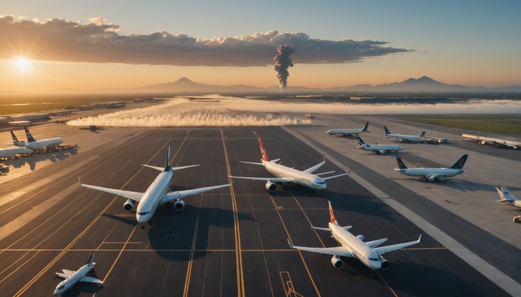 Avions cloués au sol sur le tarmac d'un aéroport avec un panache de cendres volcaniques à l'horizon