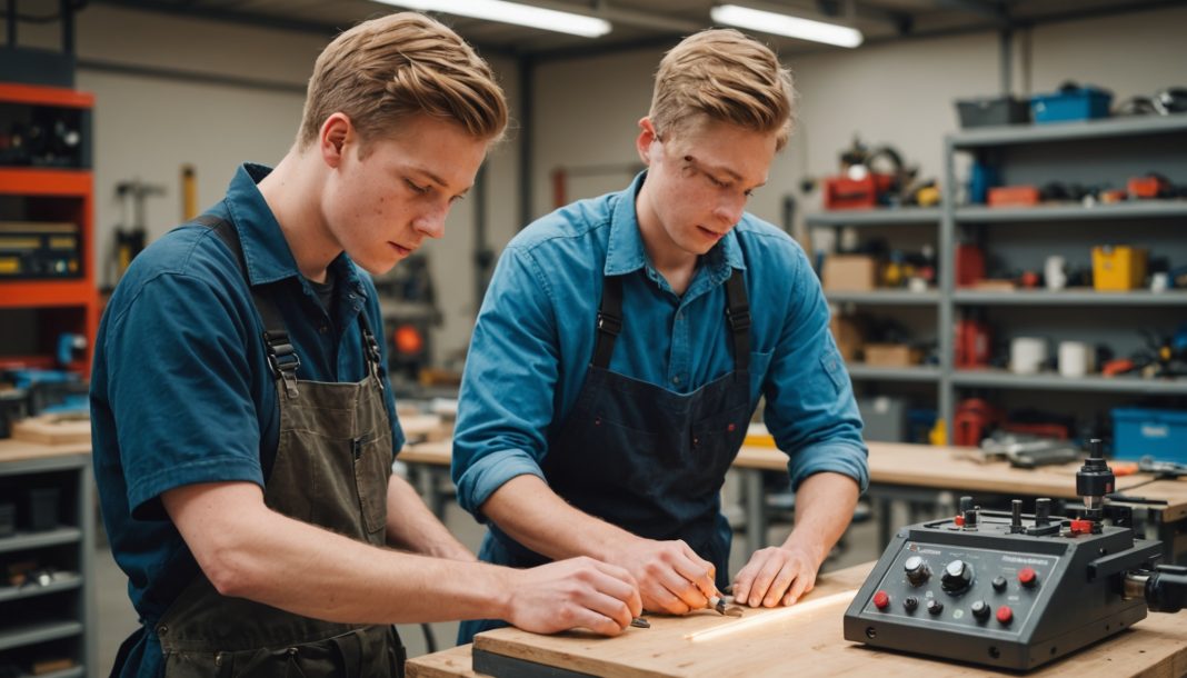 Jeune apprenti formé aux gestes techniques dans un atelier professionnel en France