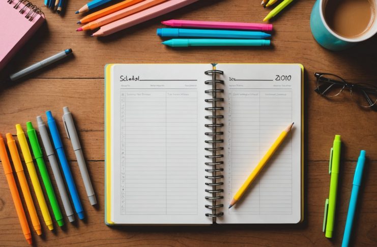 Agenda papier ouvert sur un bureau en bois entouré de surligneurs colorés pour la rentrée scolaire