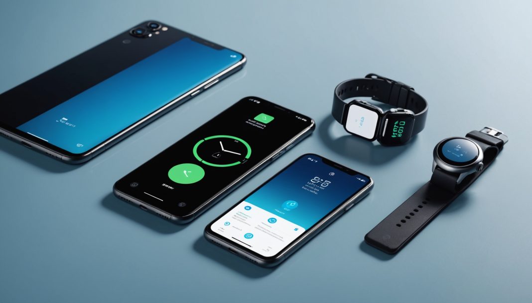 Smartphone pliable, montre connectée et écouteurs sans fil sur un fond futuriste