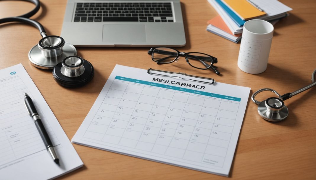 Illustration d'un bureau medical avec ordonnance, stethoscope et calendrier symbolisant l'arret de travail