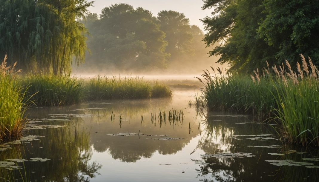 Zone humide brumeuse au lever du jour en France, roseaux et eau calme