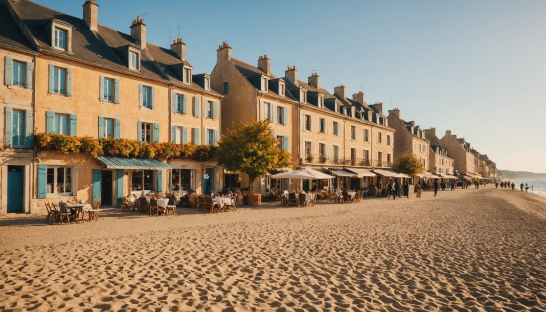Petite ville balnéaire française en automne avec locations de vacances et lumière dorée d'octobre