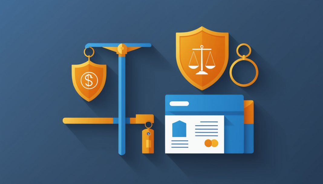 Illustration symbolisant la protection des consommateurs : ticket de caisse, bouclier de garantie et balance de la justice