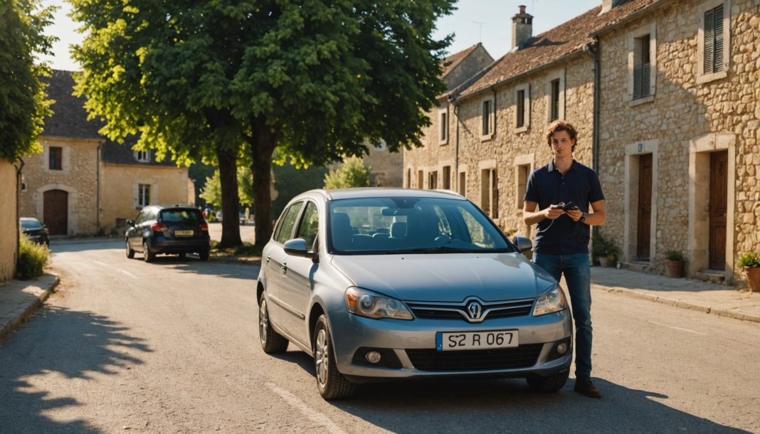 Jeune actif avec les clés d'une voiture d'auto-école dans un village français